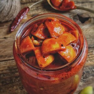 Delicious homemade mango pickle in a jar with spices on a wooden table.